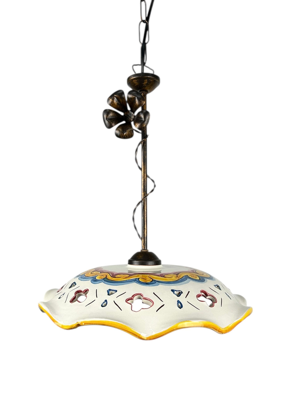 Lampadario a sospensione 1 luce rustico in ferro battuto e ceramica realizzato e decorato artigianalmente ingresso cucina coll. candida