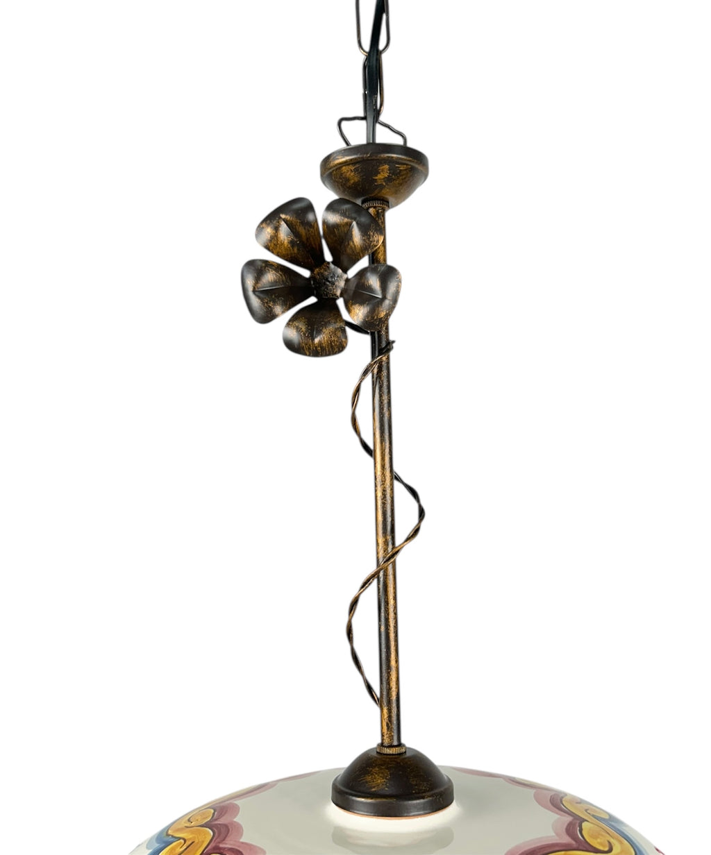 Lampadario a sospensione 1 luce rustico in ferro battuto e ceramica realizzato e decorato artigianalmente ingresso cucina coll. candida