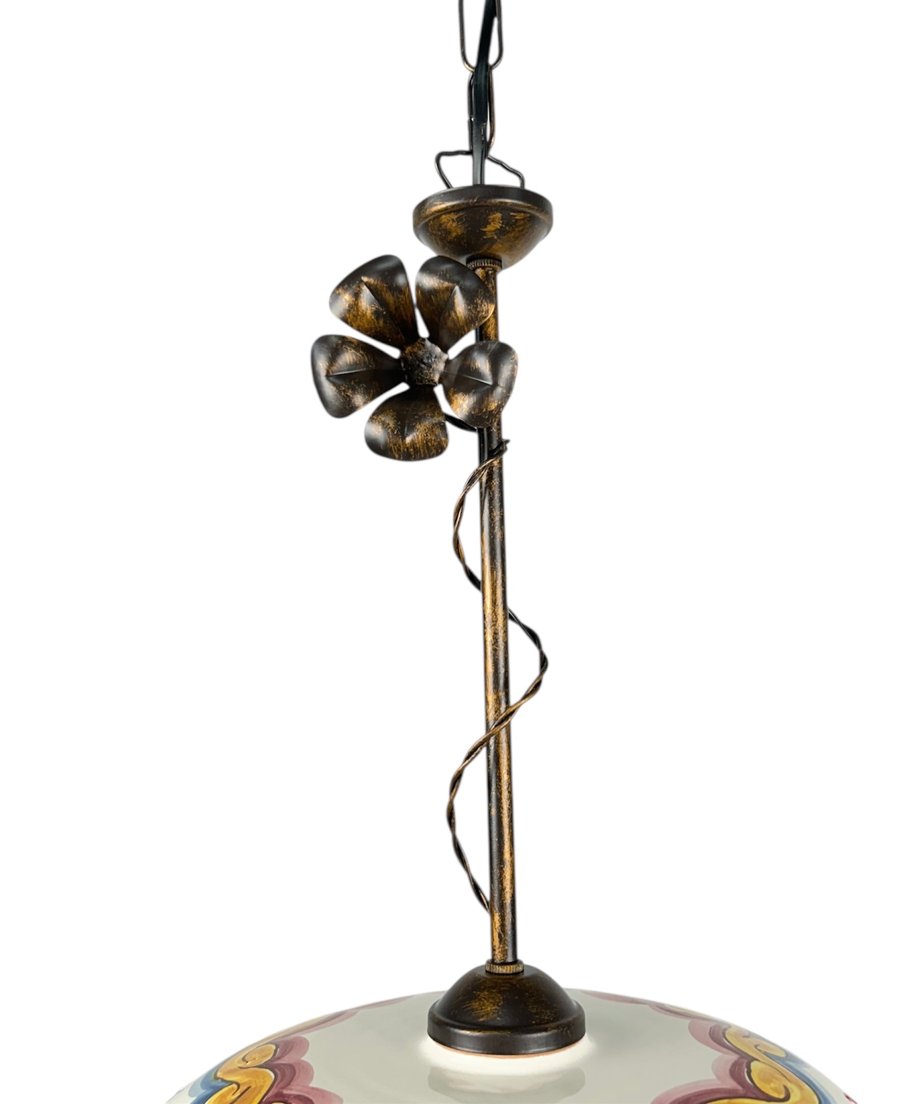 Lampadario a sospensione 1 luce rustico in ferro battuto e ceramica realizzato e decorato artigianalmente ingresso cucina coll. candida