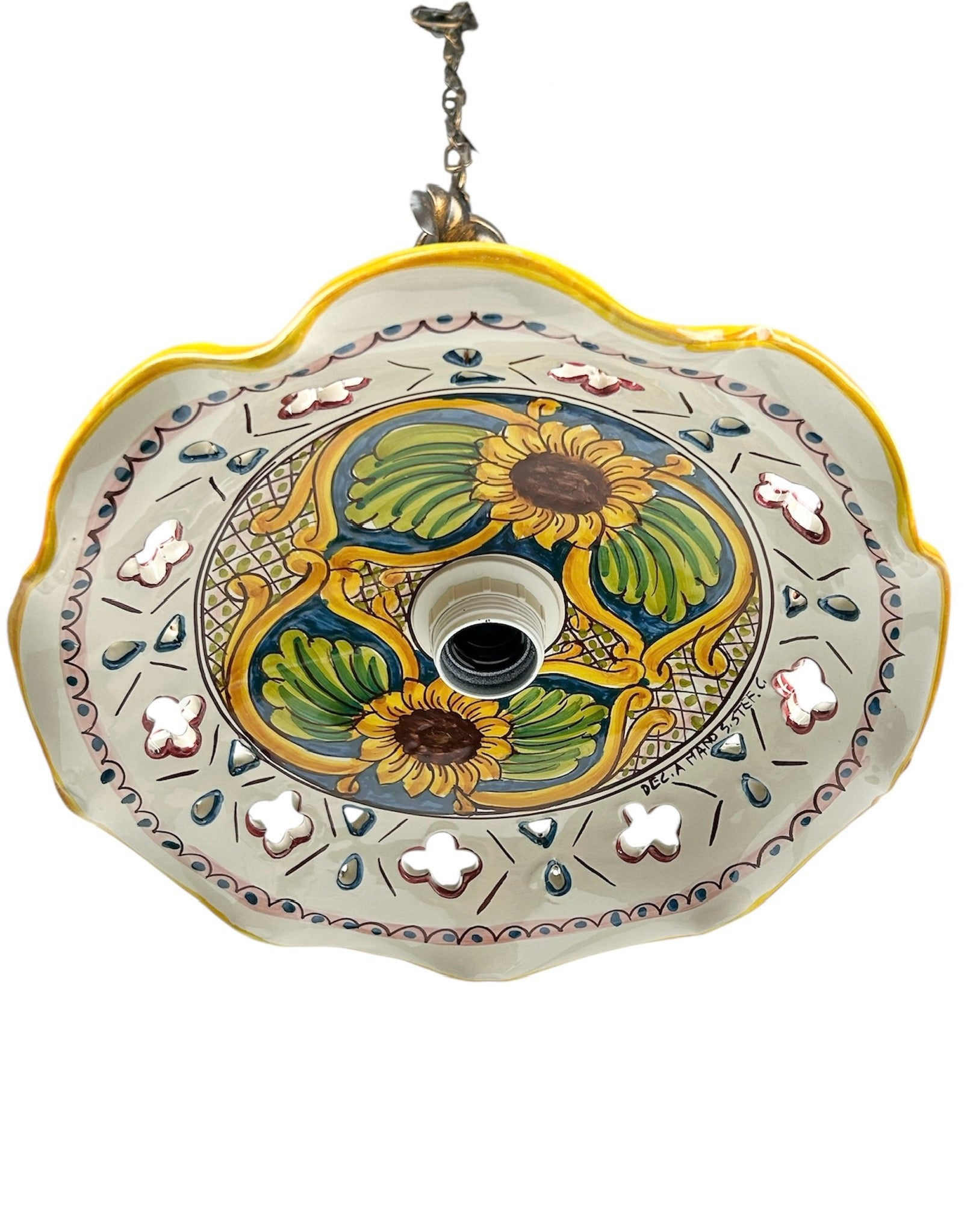 Lampadario a sospensione 1 luce rustico in ferro battuto e ceramica realizzato e decorato artigianalmente ingresso cucina coll. candida