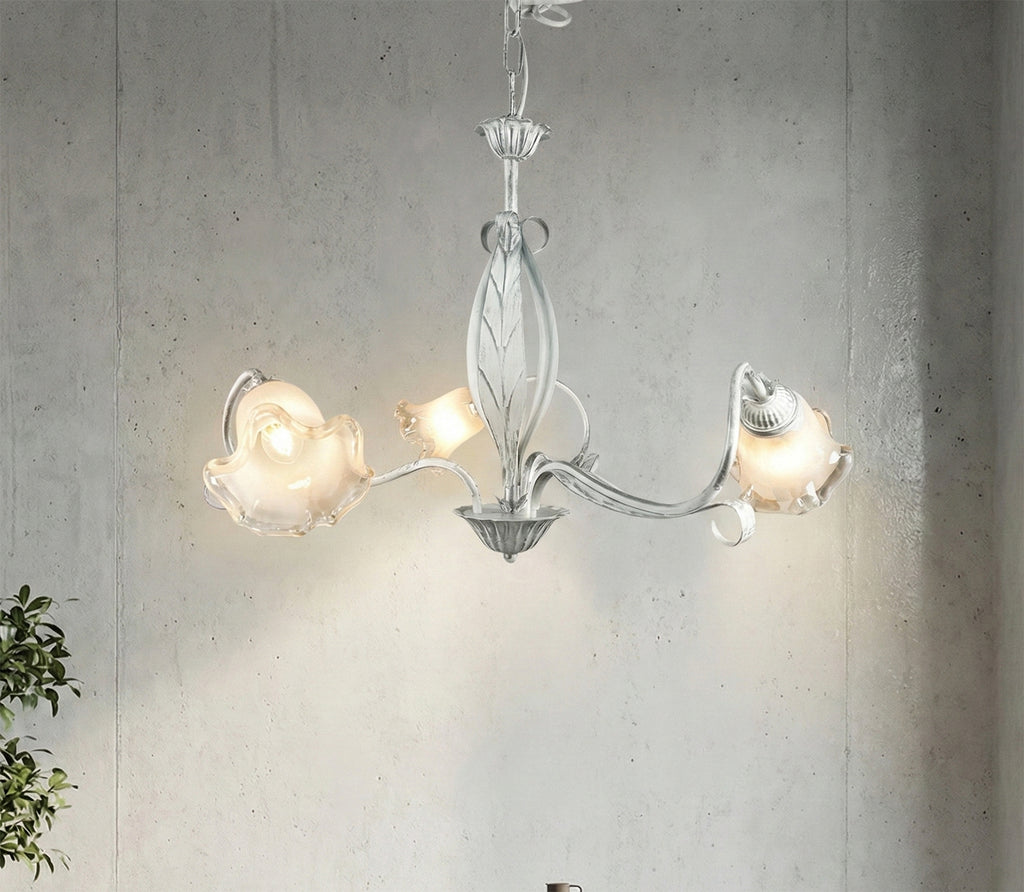 Lampadario a 3 luci moderno in ferro battuto e vetro realizzato artigianalmente coll. venere