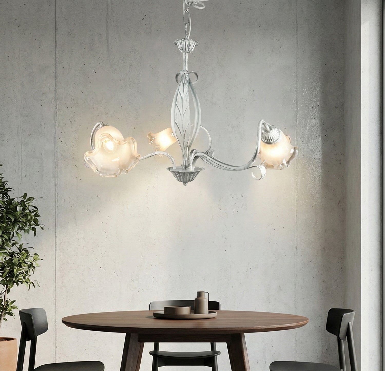 Lampadario a 3 luci moderno in ferro battuto e vetro realizzato artigianalmente coll. venere