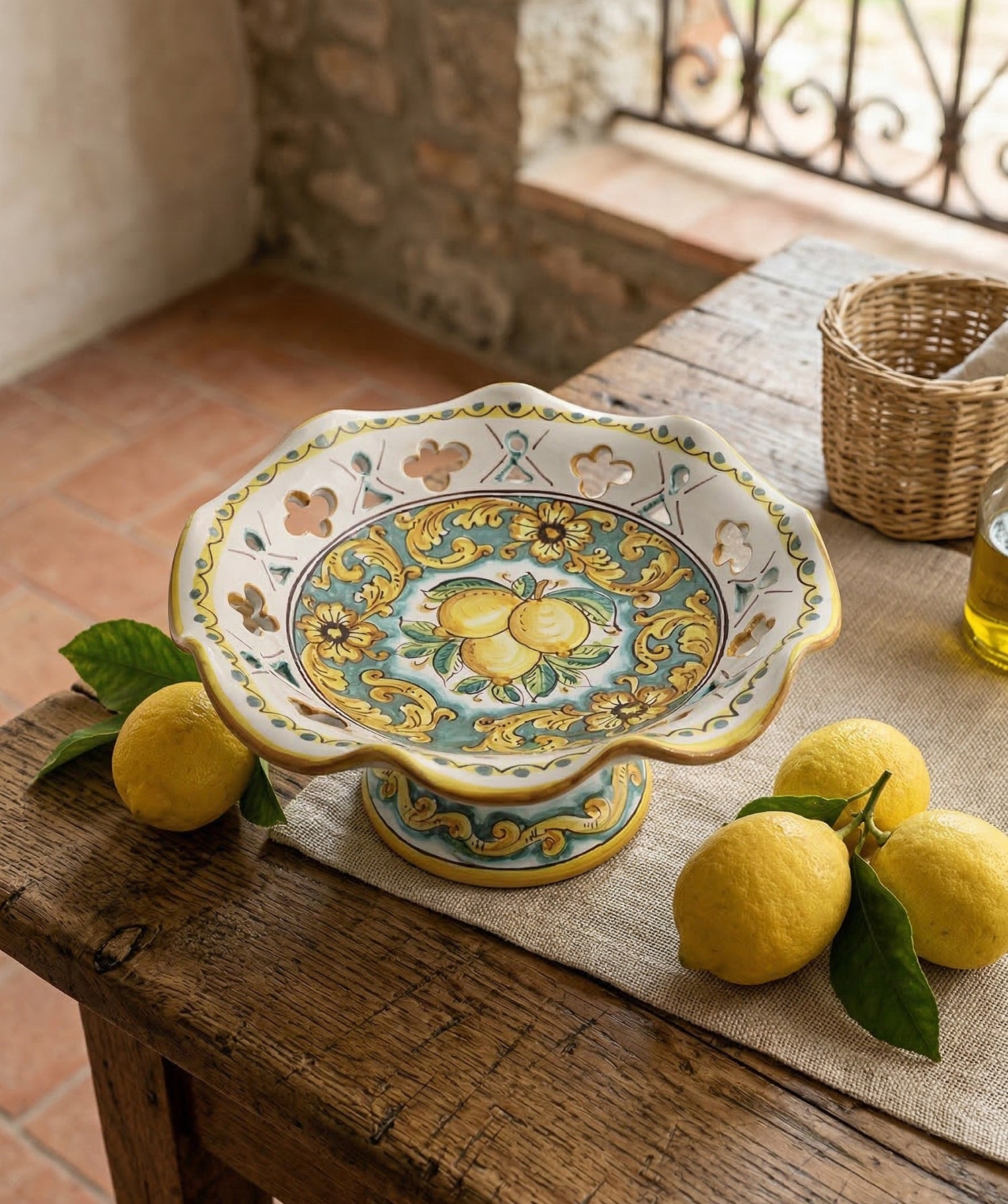 Medium raised ceramic centerpiece hand decorated by Sicilian ceramists lemons art 4