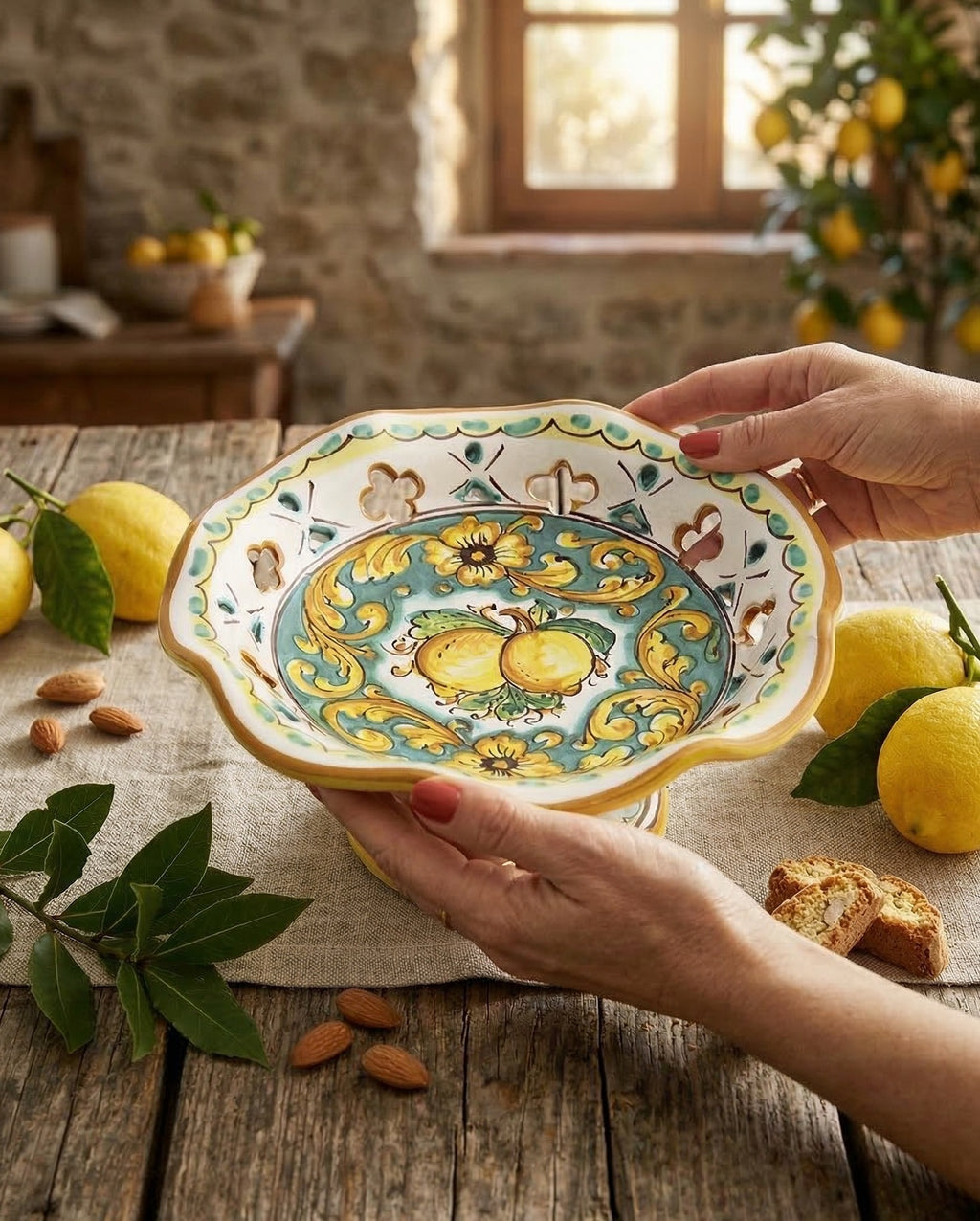 Centrotavola alzata piccola in ceramica decorata a mano da ceramisti siciliani limoni art 5