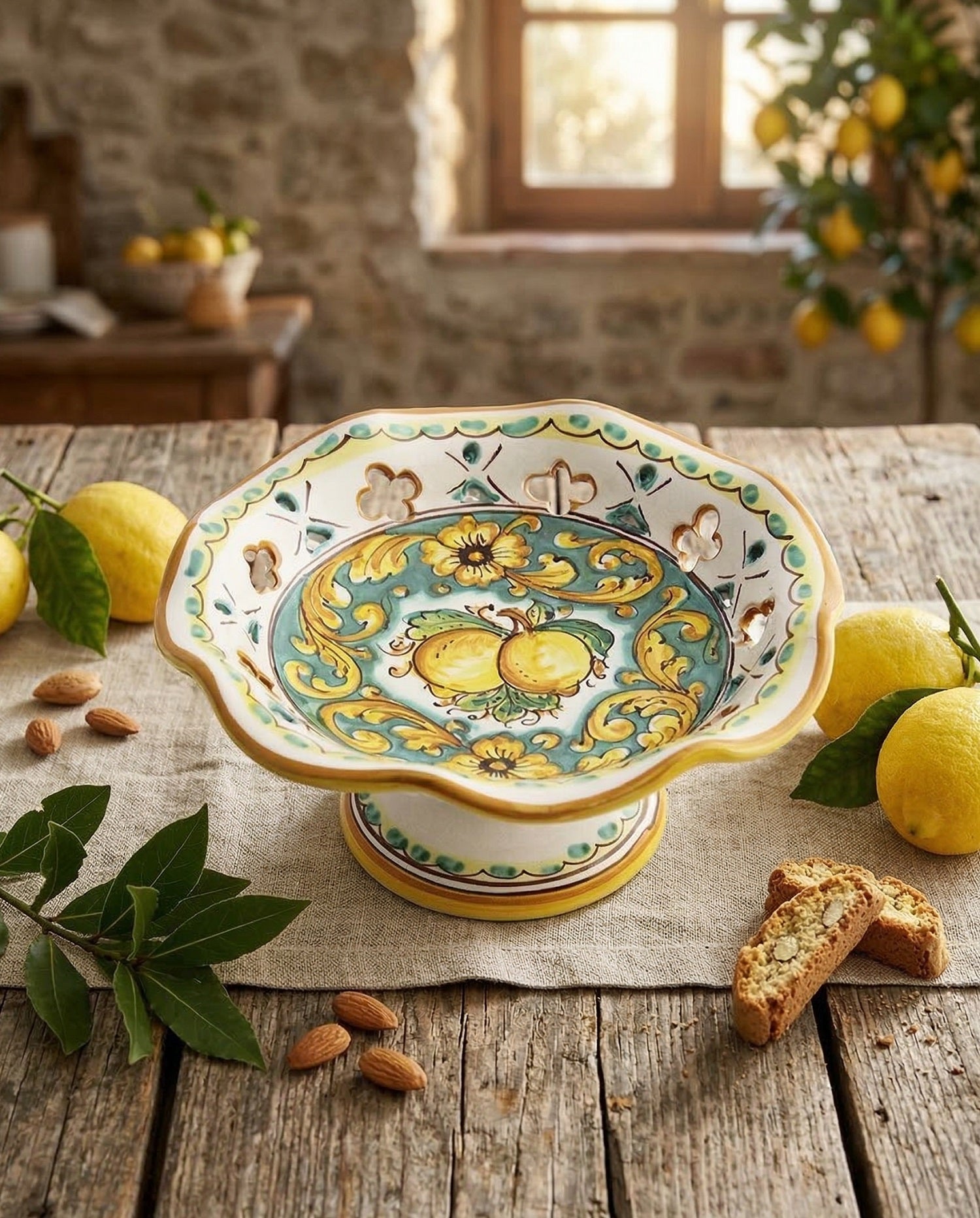 Centrotavola alzata piccola in ceramica decorata a mano da ceramisti siciliani limoni art 5