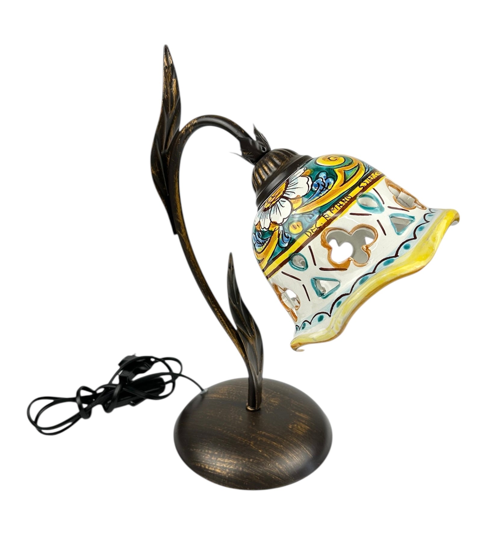 Lumetto lampada da comodino a 1 luce in ferro battuto e ceramica realizzata e decorata artigianalmente a mano art. gomes