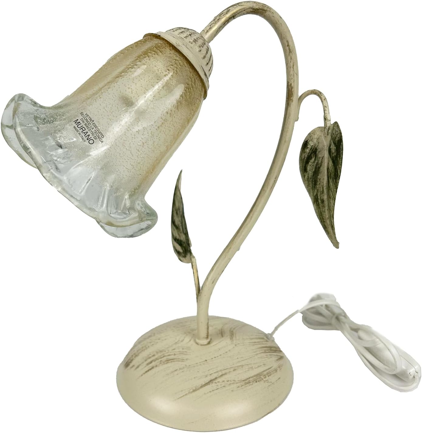 Lumetto comodino a 1 luce in ferro battuto e vetro realizzato e decorato artigianalmente art. steven