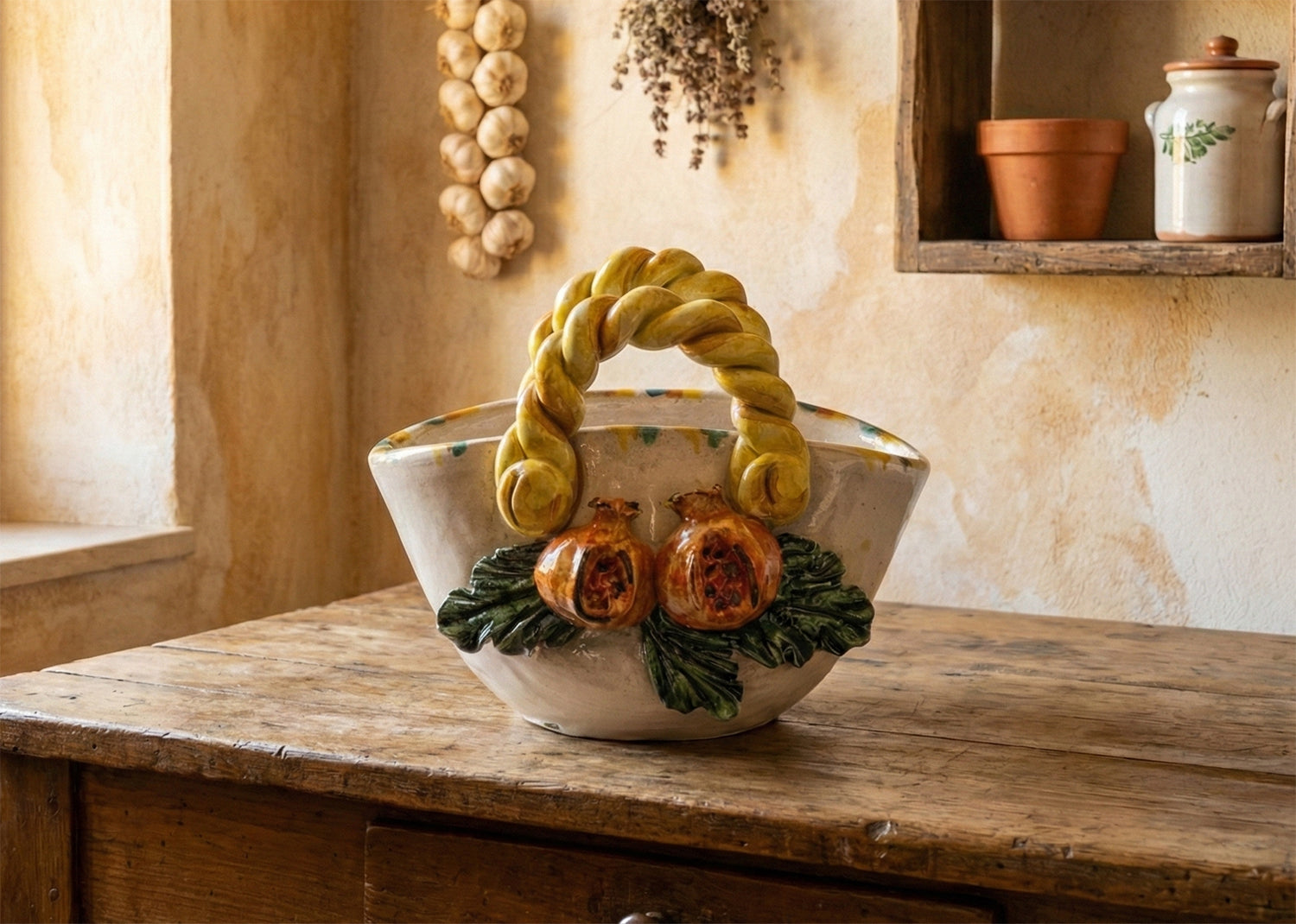 Coffa in ceramica siciliana di Caltagirone realizzata e decorata a mano art. melograno