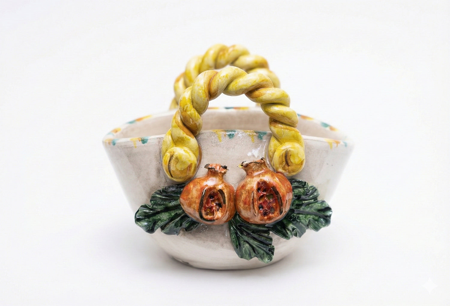 Coffa in ceramica siciliana di Caltagirone realizzata e decorata a mano art. melograno