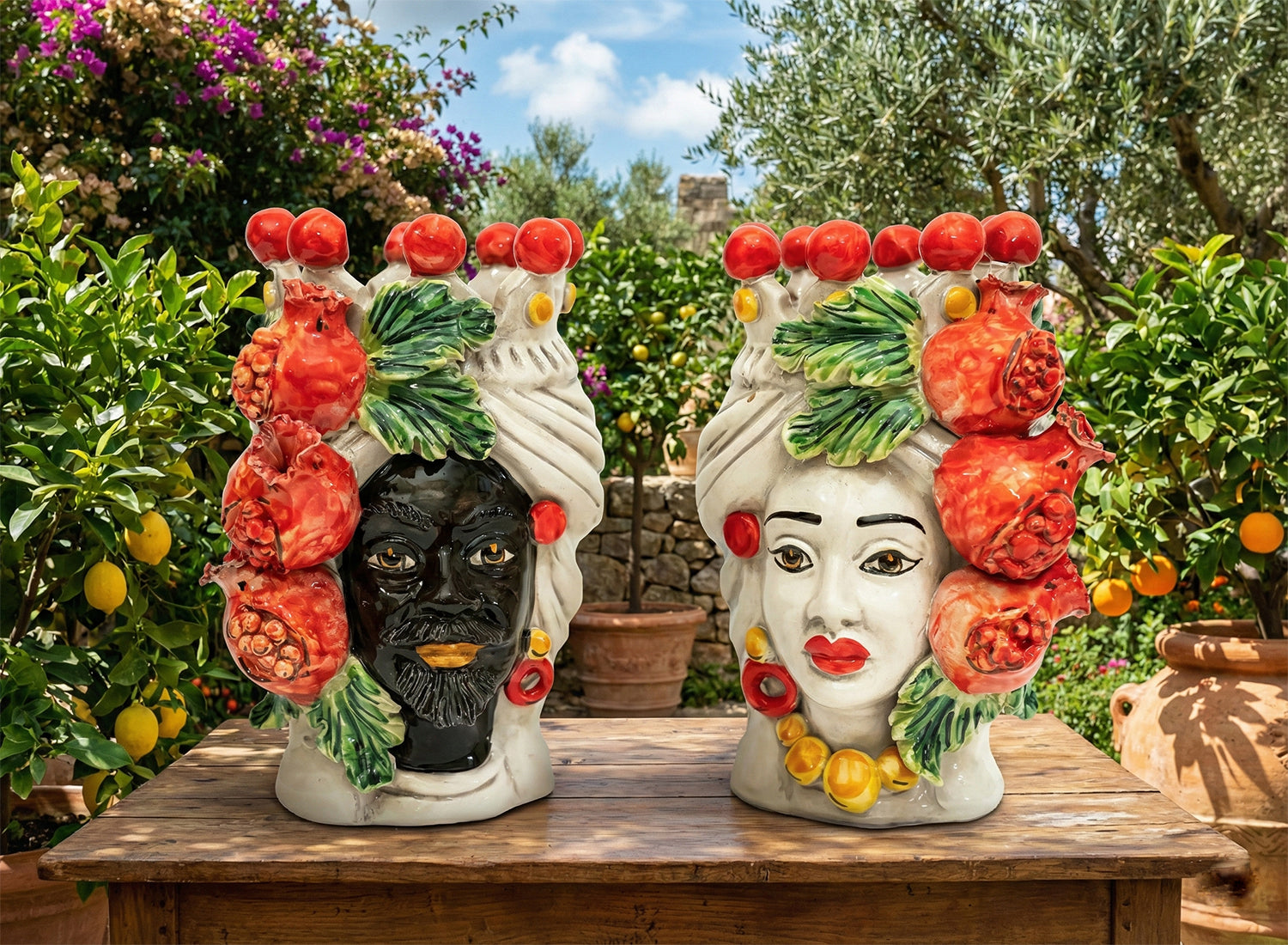 Coppia teste di moro in ceramica siciliana di Caltagirone h20cm art. melograno