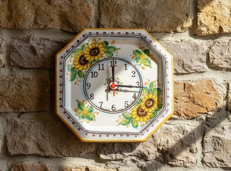 Orologio da parete in ceramica decorata a mano da ceramisti siciliani girasole art 24