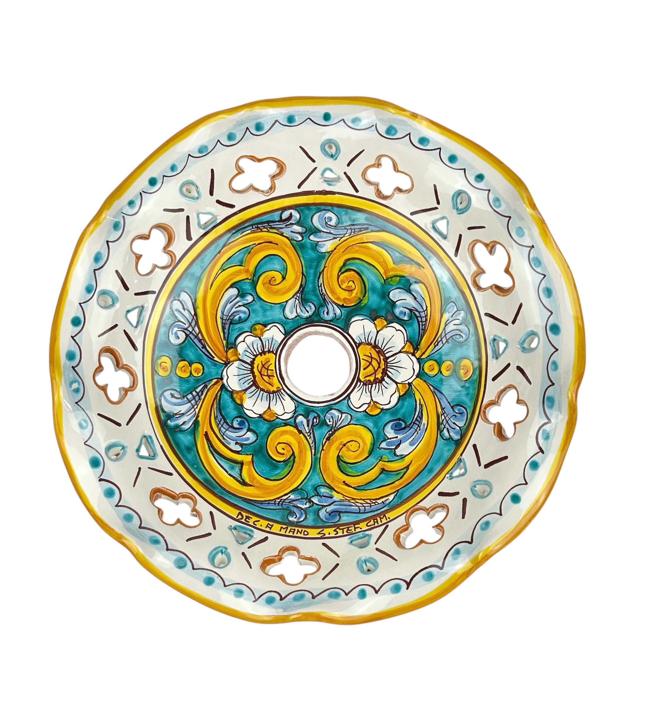 Piatto in ceramica per lampadario decorato realizzato e firmato a mano sospensione art. gomes