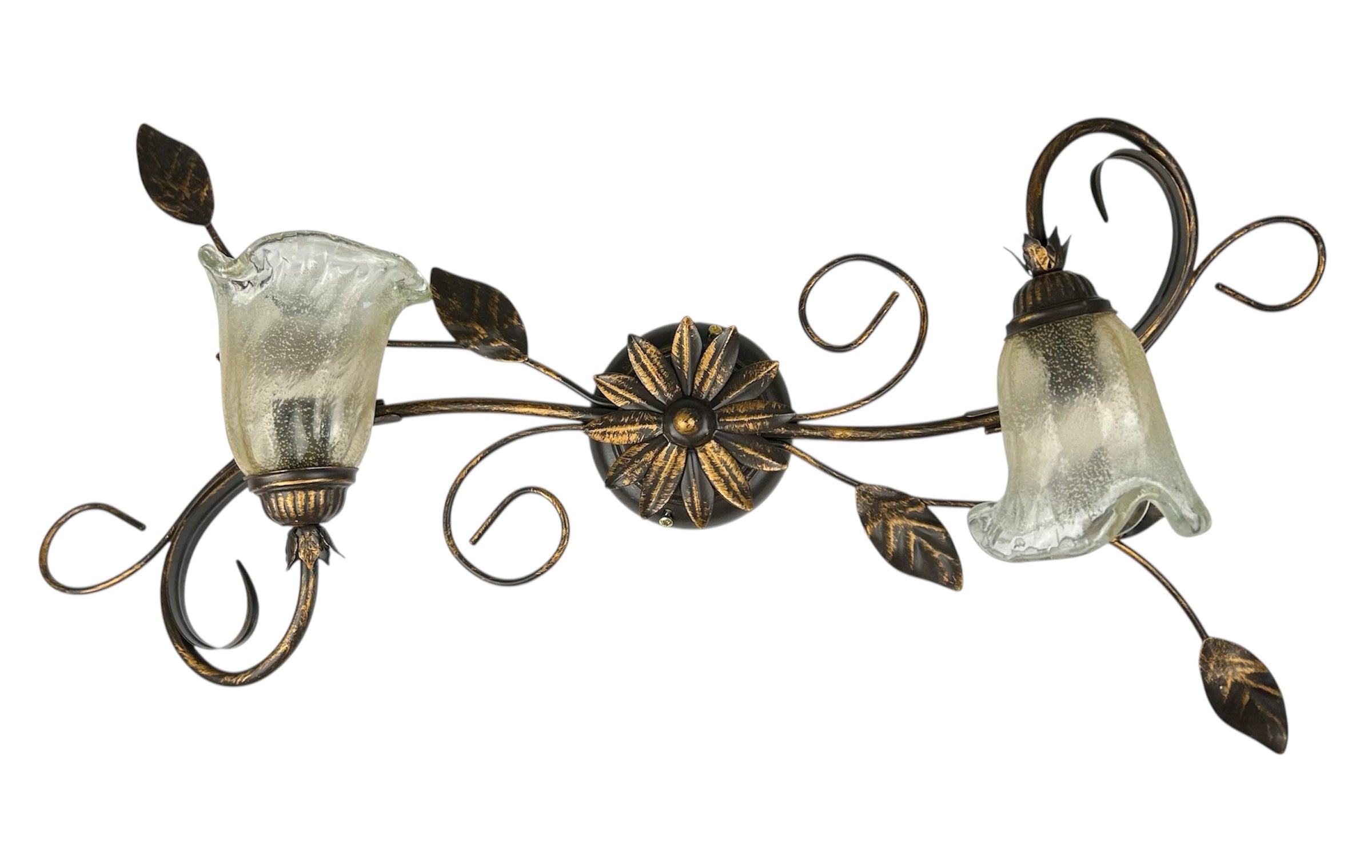 Plafoniera da soffitto classica a 2 luci in ferro battuto e vetro realizzata e decorata artigianalmente coll. cox