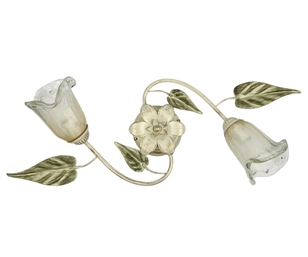 Plafoniera da soffitto classica a 2 luci in ferro battuto e vetro realizzata e decorata artigianalmente coll. steven