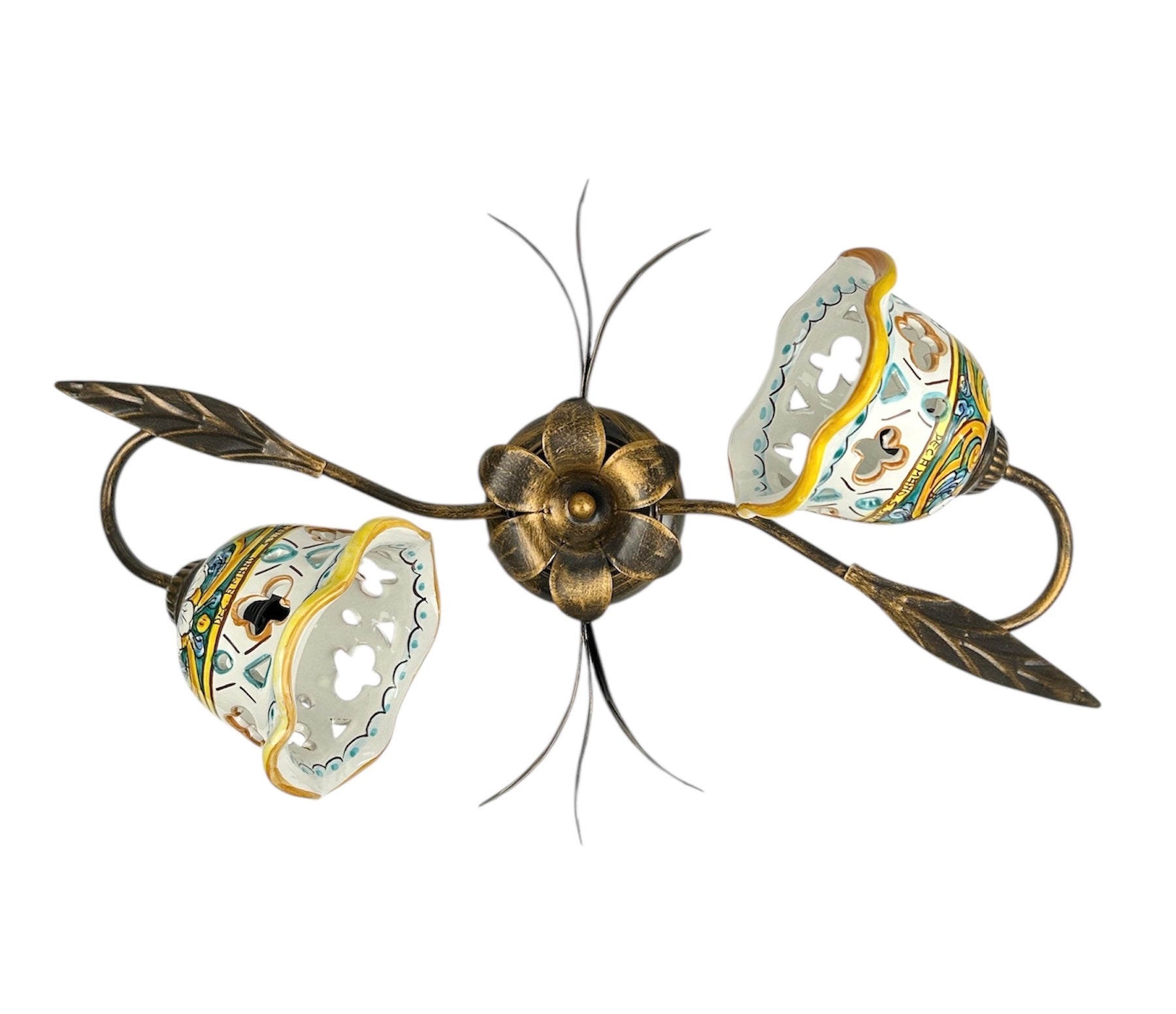 Plafoniera da soffitto a 2 luci in ferro battuto e ceramica siciliana realizzata e decorata artigianalmente coll. gomes