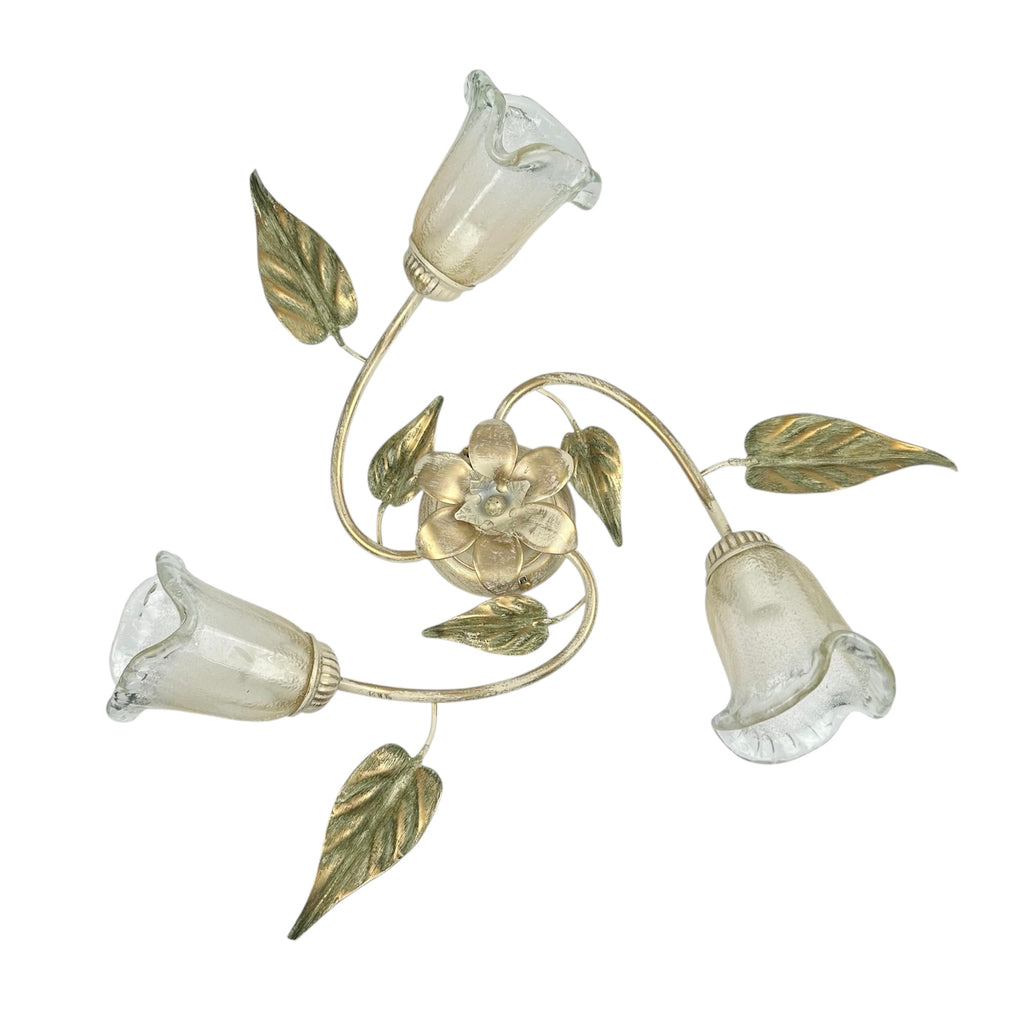 Plafoniera da soffitto classica a 3 luci in ferro battuto e vetro realizzata e decorata artigianalmente coll. steven