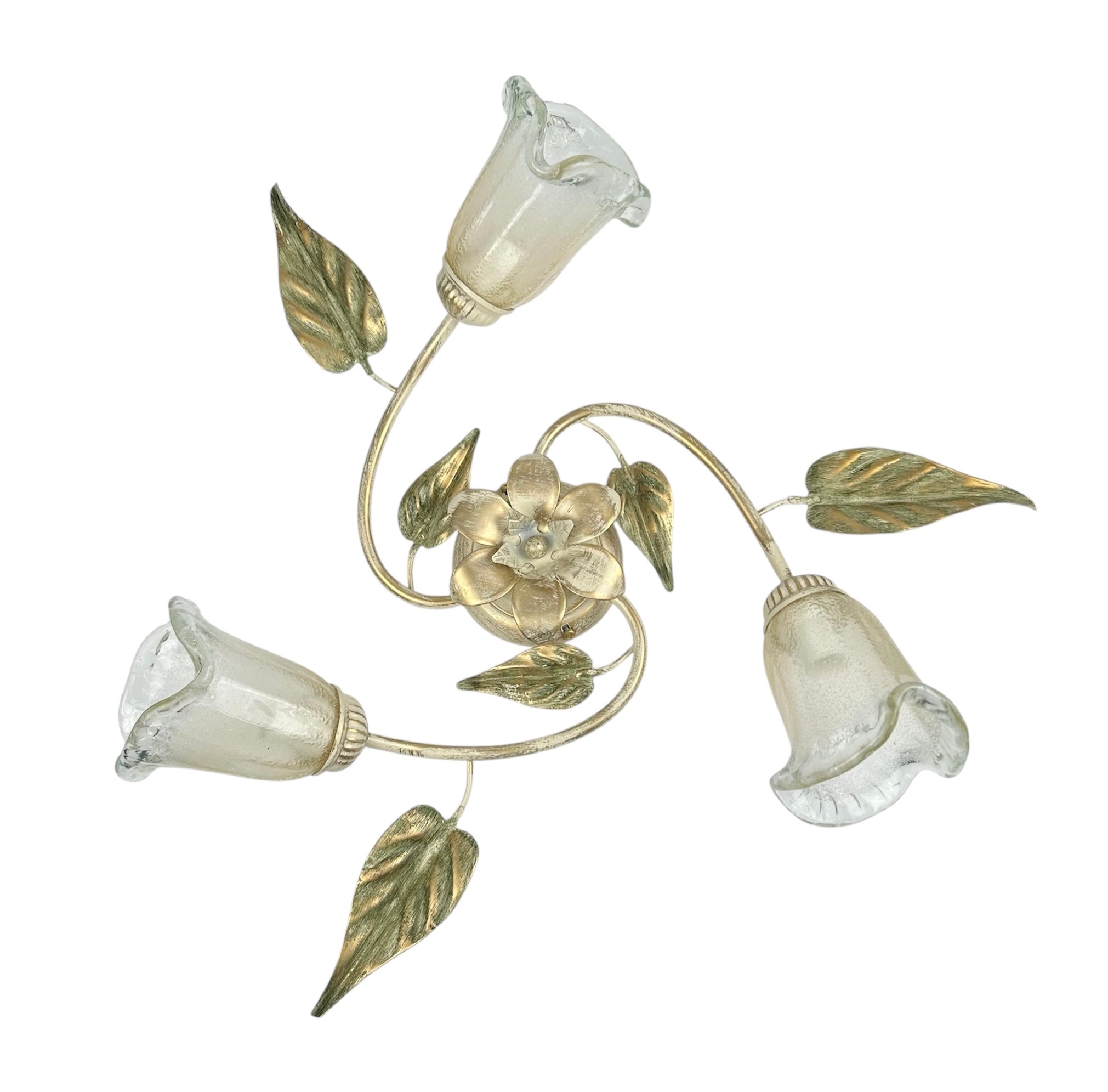 Plafoniera da soffitto classica a 3 luci in ferro battuto e vetro realizzata e decorata artigianalmente coll. steven
