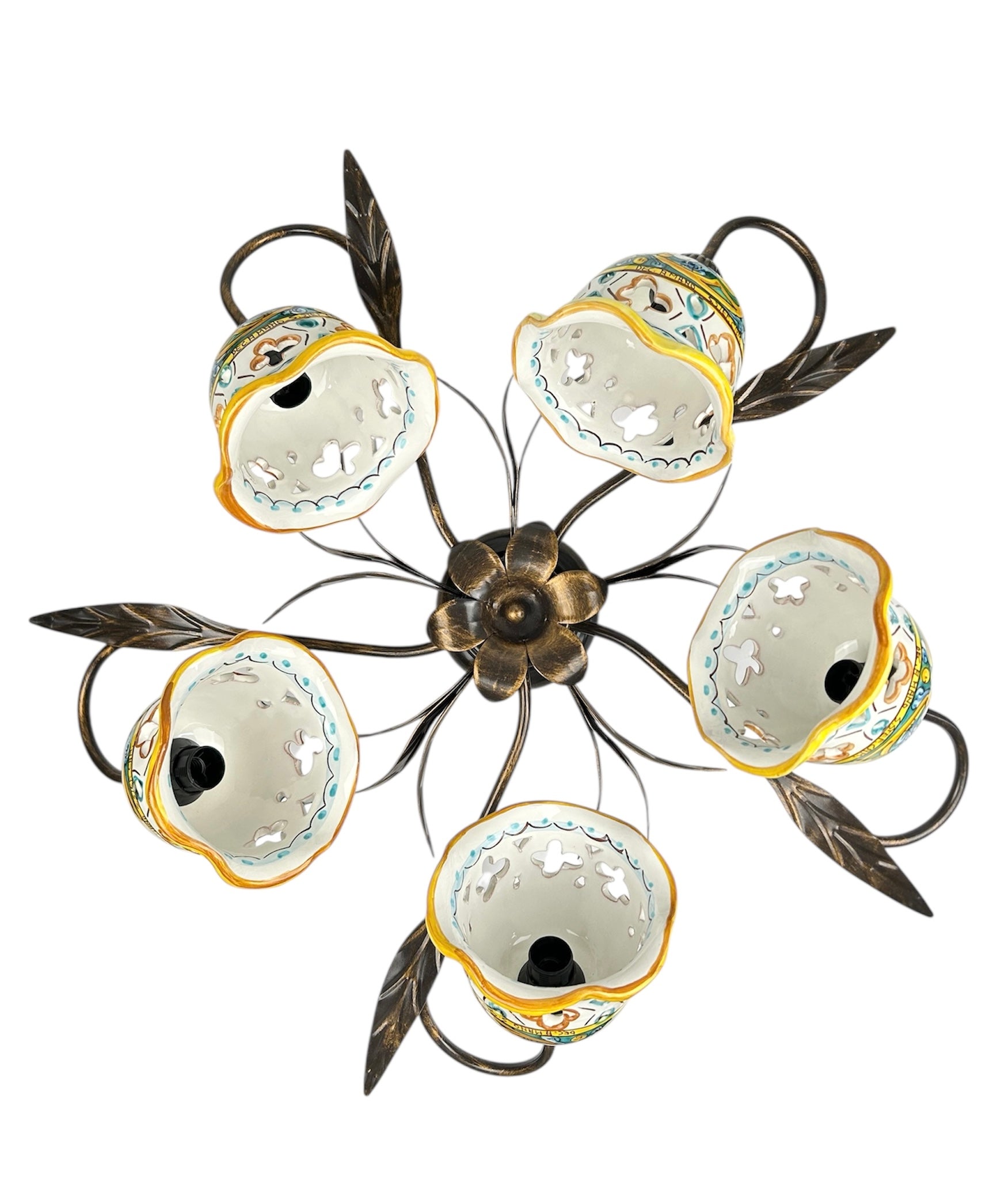 Plafoniera da soffitto a 5 luci in ferro battuto e ceramica siciliana realizzata e decorata artigianalmente coll. gomes
