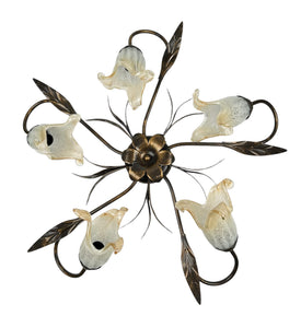 Plafoniera da soffitto classica a 5 luci in ferro battuto e vetro realizzata e decorata artigianalmente coll. scott