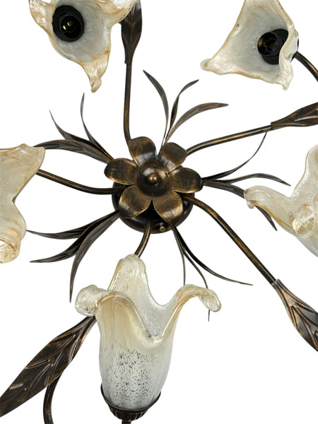 Plafoniera da soffitto classica a 5 luci in ferro battuto e vetro realizzata e decorata artigianalmente coll. scott