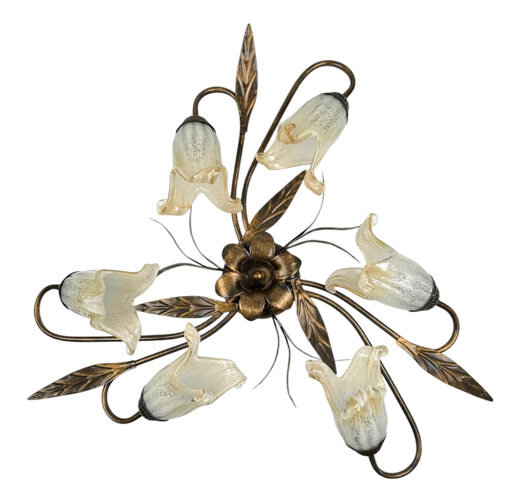 Plafoniera da soffitto classica a 6 luci in ferro battuto e vetro realizzata e decorata artigianalmente coll. scott