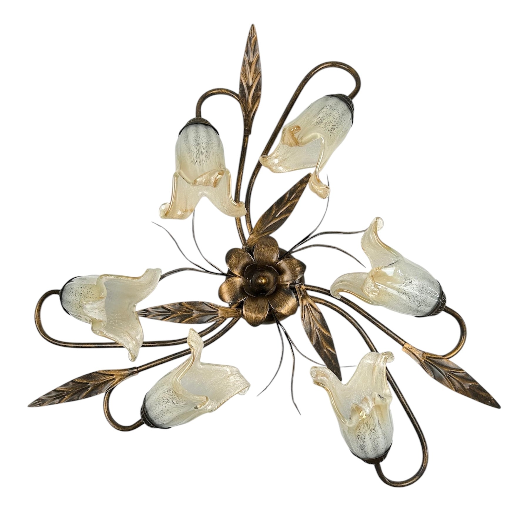 Plafoniera da soffitto classica a 6 luci in ferro battuto e vetro realizzata e decorata artigianalmente coll. scott