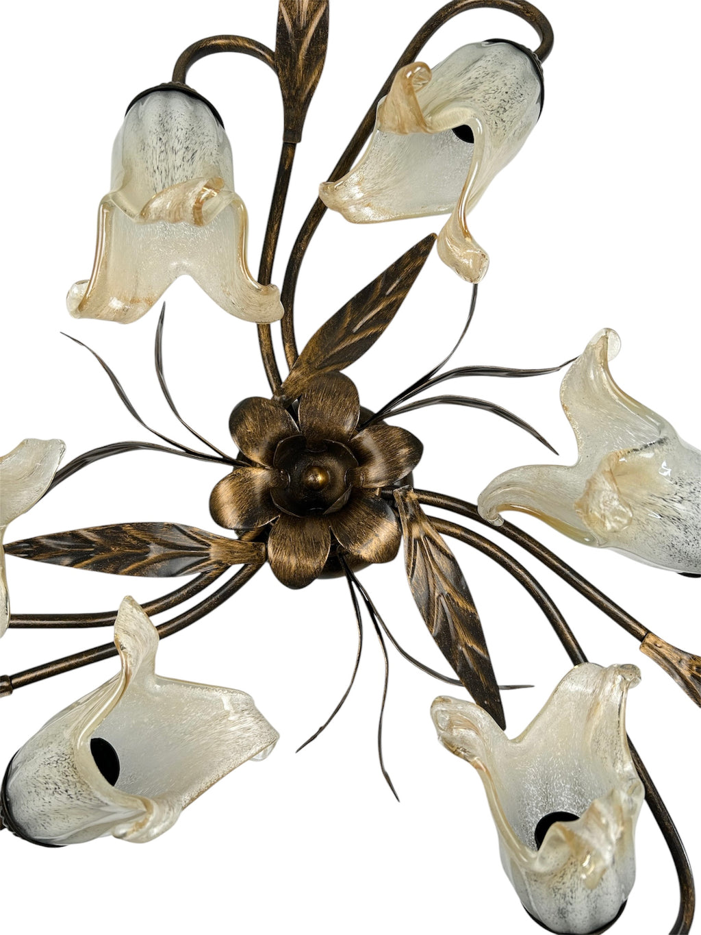Plafoniera da soffitto classica a 6 luci in ferro battuto e vetro realizzata e decorata artigianalmente coll. scott