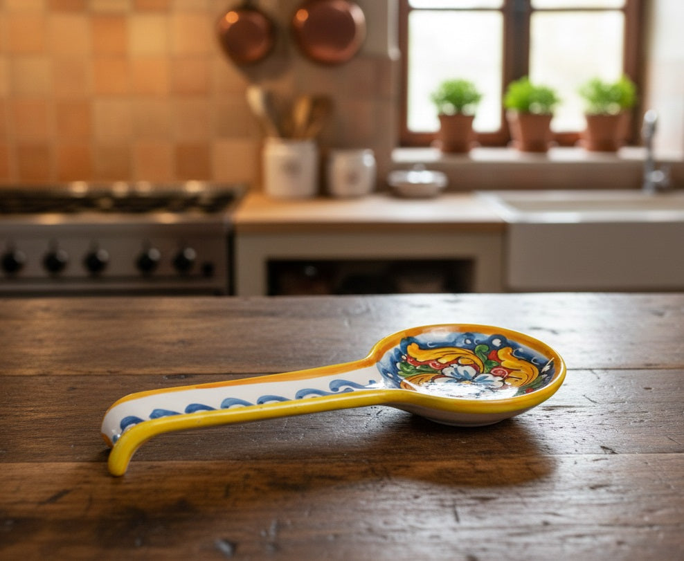 Poggiamestolo in ceramica decorata a mano da ceramisti siciliani fiore rosso art 25