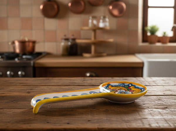 Poggiamestolo in ceramica decorata a mano da ceramisti siciliani fiore rosso art 25