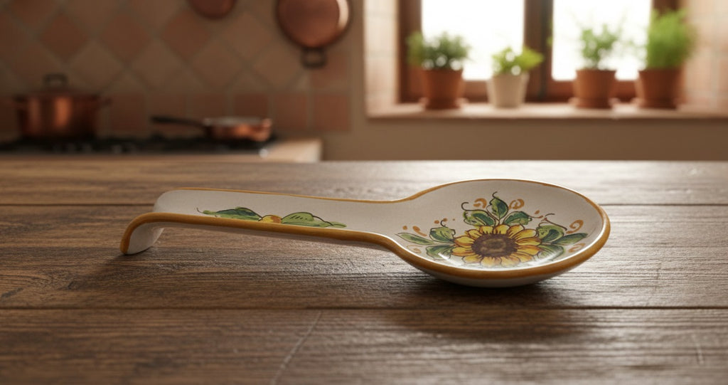 Ceramic spoon rest hand decorated by Sicilian ceramists sunflower art 25