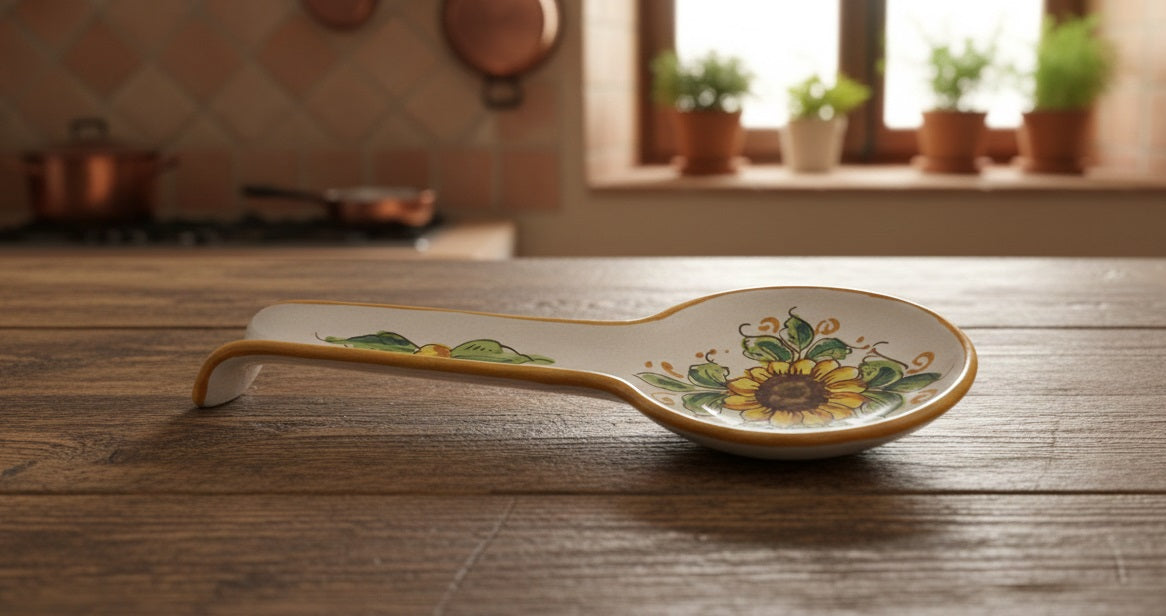 Ceramic spoon rest hand decorated by Sicilian ceramists sunflower art 25
