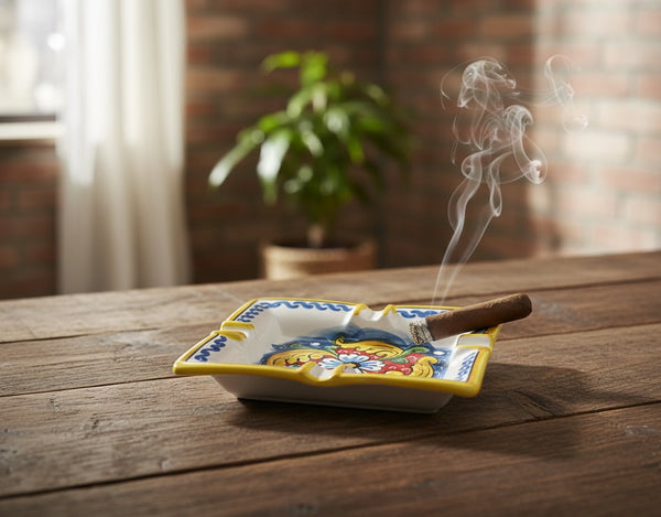 Portacenere in ceramica decorata a mano da ceramisti siciliani fiore rosso art 27