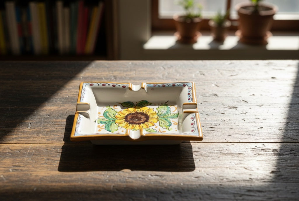 Ceramic ashtray hand decorated by Sicilian ceramists sunflower art 27