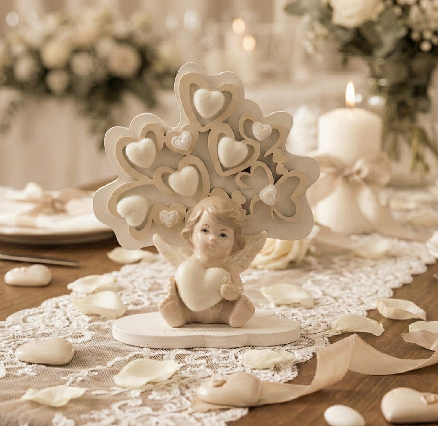 Albero della vita decorato con cuori e angioletto tortora e bianco bomboniera comunione e cresima bambina o bambino Harmony PRCM24192