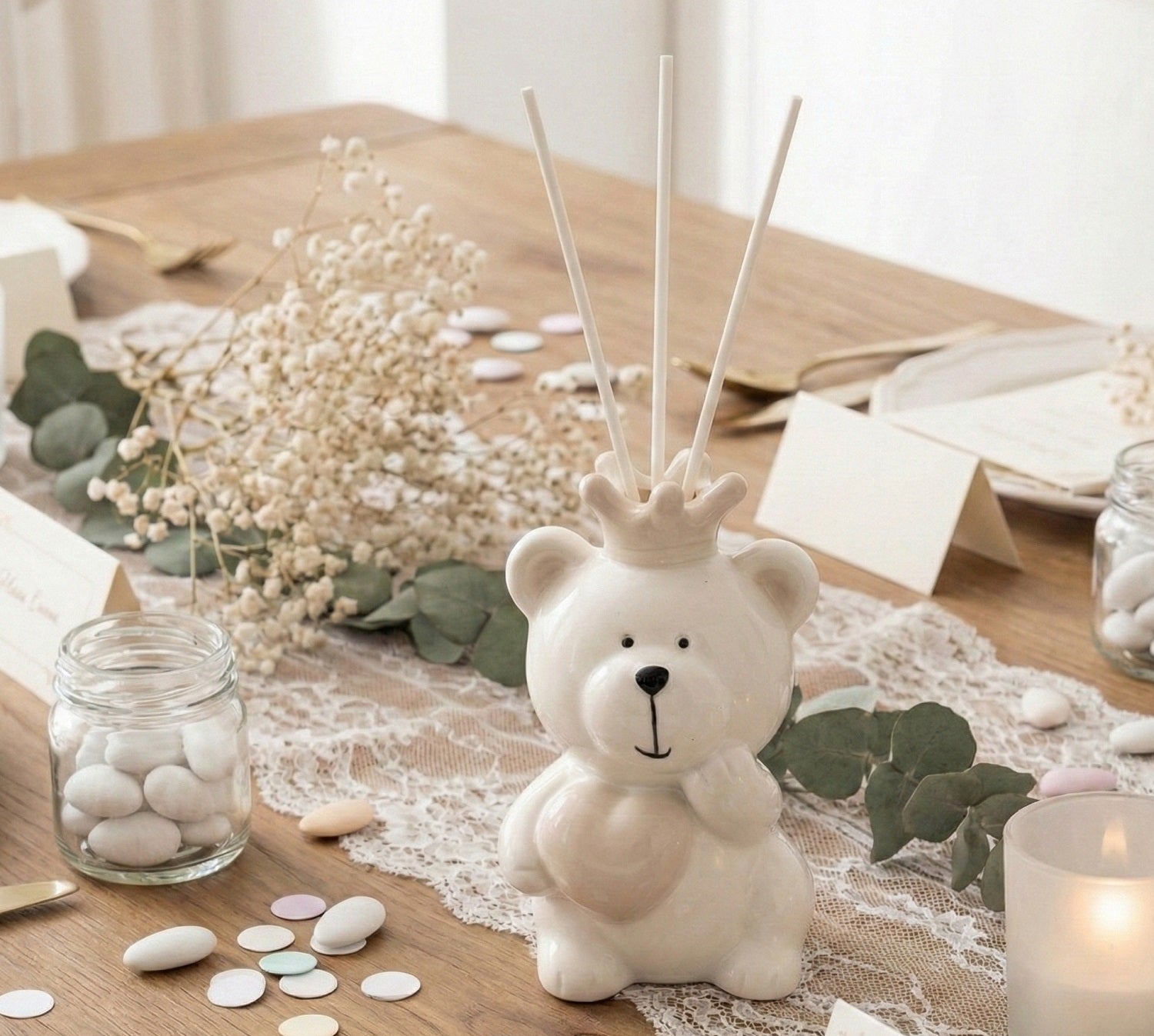 Profumatore orsetto in porcellana tortora per nascita, battesimo, comunione, cresima bambino bambina Harmony PRCM25241