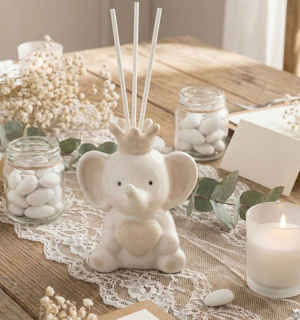 Profumatore elefante in porcellana tortora per nascita, battesimo, comunione, cresima bambino bambina Harmony PRCM25242