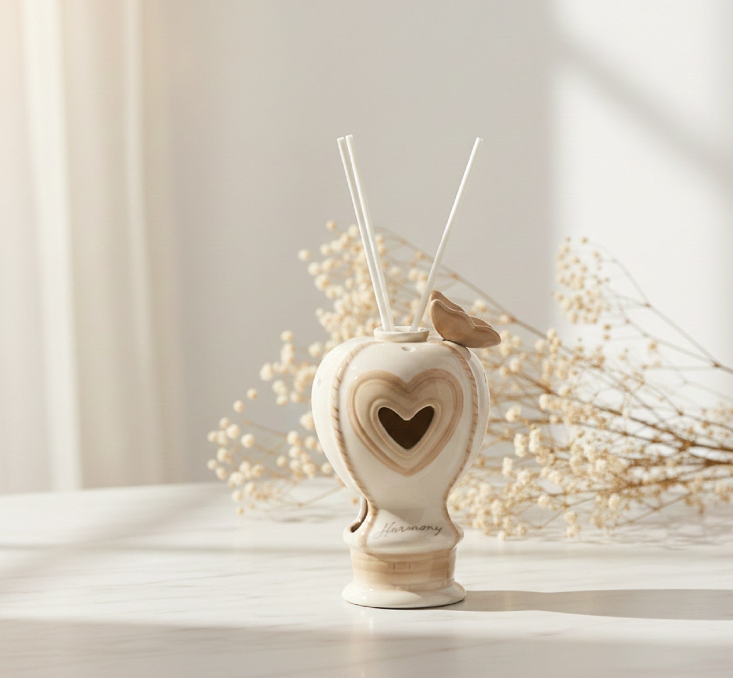 Bomboniera matrimonio profumatore con bastoncini e led mongolfiera in porcellana bianco e tortora harmony PRMT23021