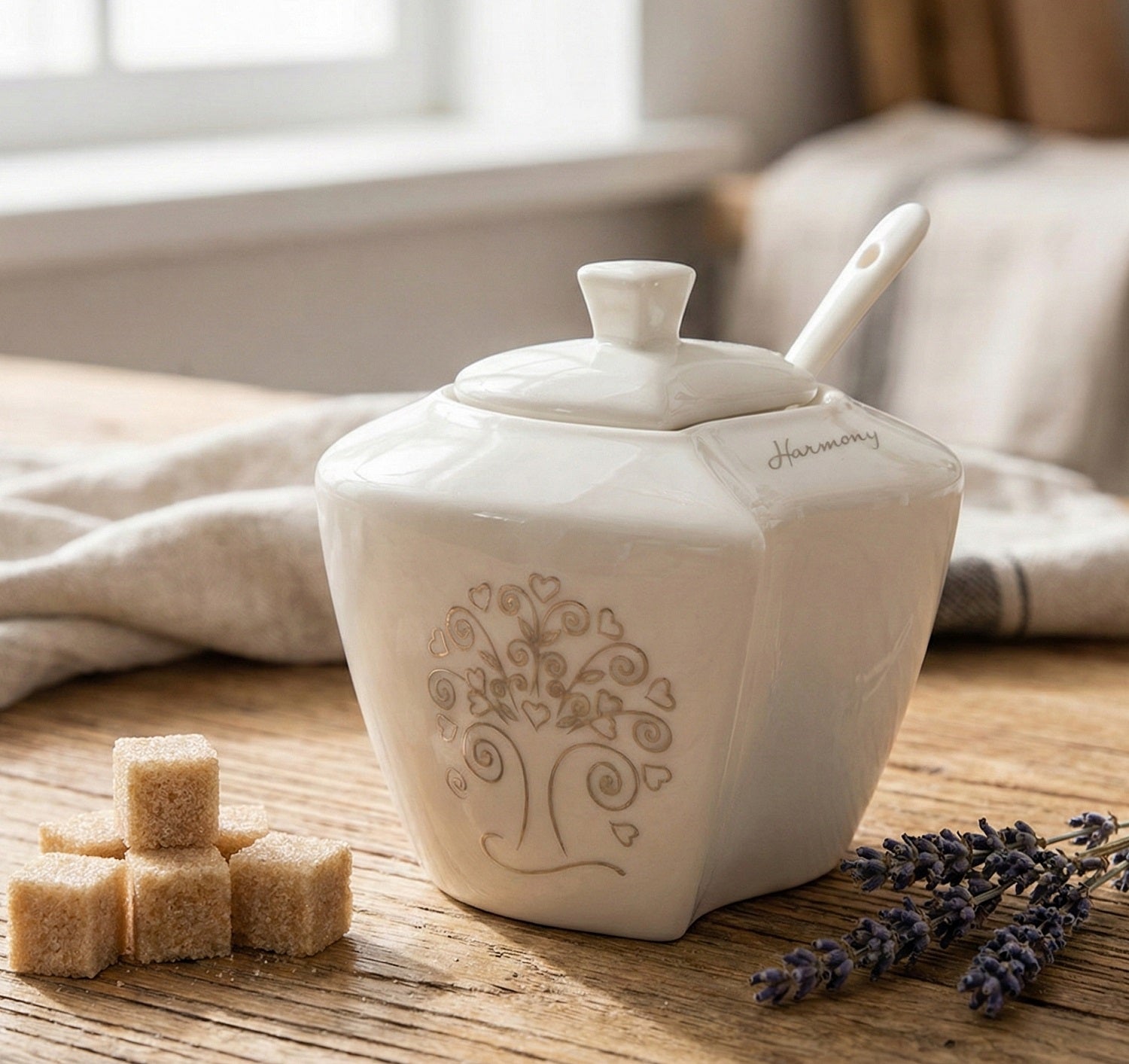 Bomboniera matrimonio zuccheriera in porcellana bianco decorata con albero della vita harmony PRMT23257