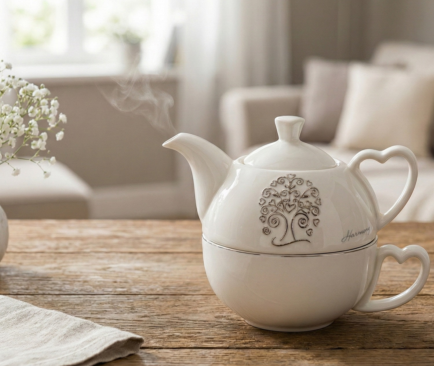 Bomboniera matrimonio teiera in porcellana con decorazione albero della vita harmony PRMT23260