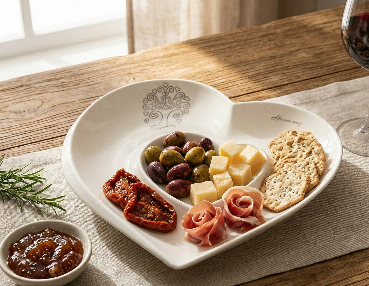 Bomboniera matrimonio antipastiera cuore in porcellana con decorazione albero della vita harmony PRMT23265