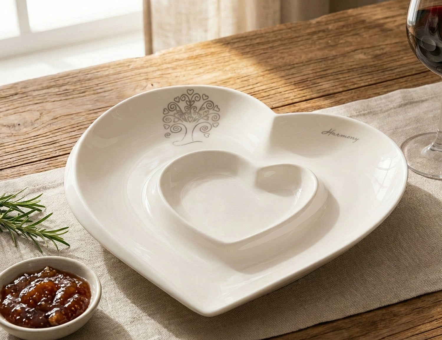 Bomboniera matrimonio antipastiera cuore in porcellana con decorazione albero della vita harmony PRMT23265