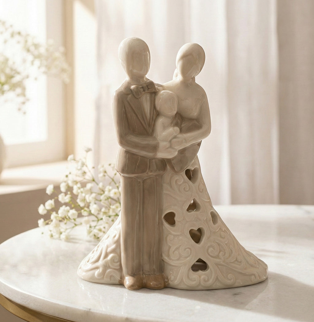 Bomboniera matrimonio con led sacra famiglia in porcellana decorato con cuori harmony PRMT23287