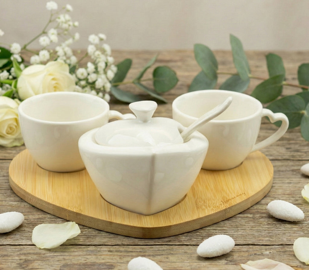 Bomboniera matrimonio set 2 tazzine con zuccheriera in porcellana e bamboo bianco harmony PRMT24011