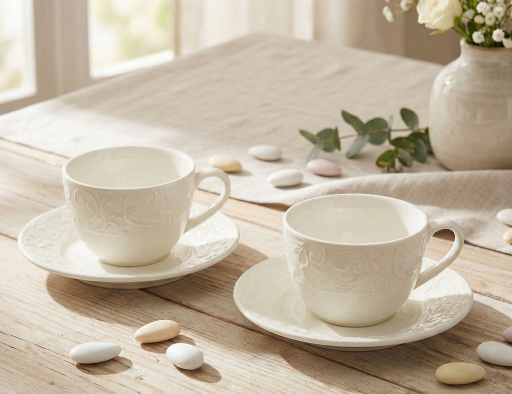 Bomboniera matrimonio set 2 tazzine da caffè in porcellana con decorazione bianco harmony PRMT24030