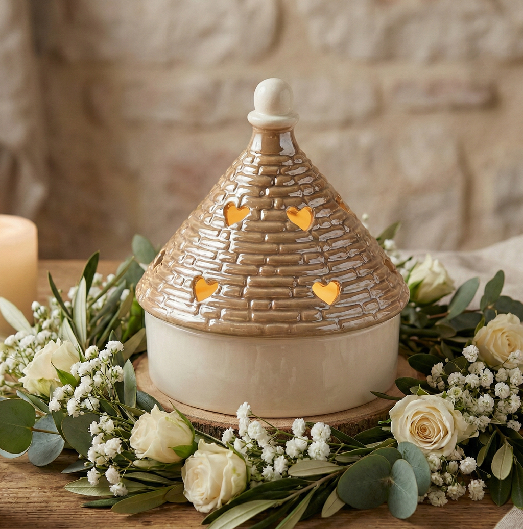 Bomboniera matrimonio trullo con led in porcellana bianco e tortora perla harmony PRMT24141