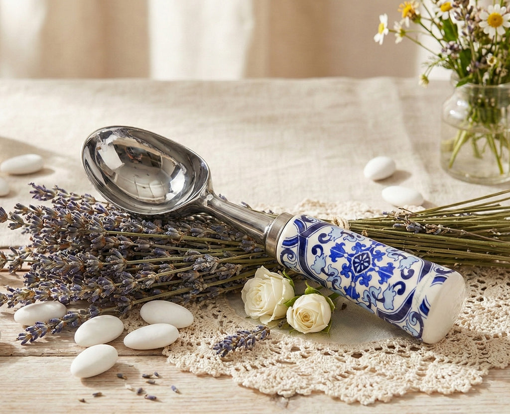 Bomboniera matrimonio cucchiaio per gelato in porcellana con decorazione maioliche blu e bianco harmony PRMT24152