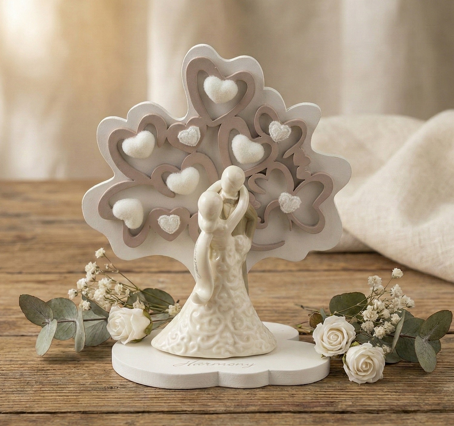 Bomboniera matrimonio albero della vita con coppia in porcellana bianco e tortora harmony PRMT24193