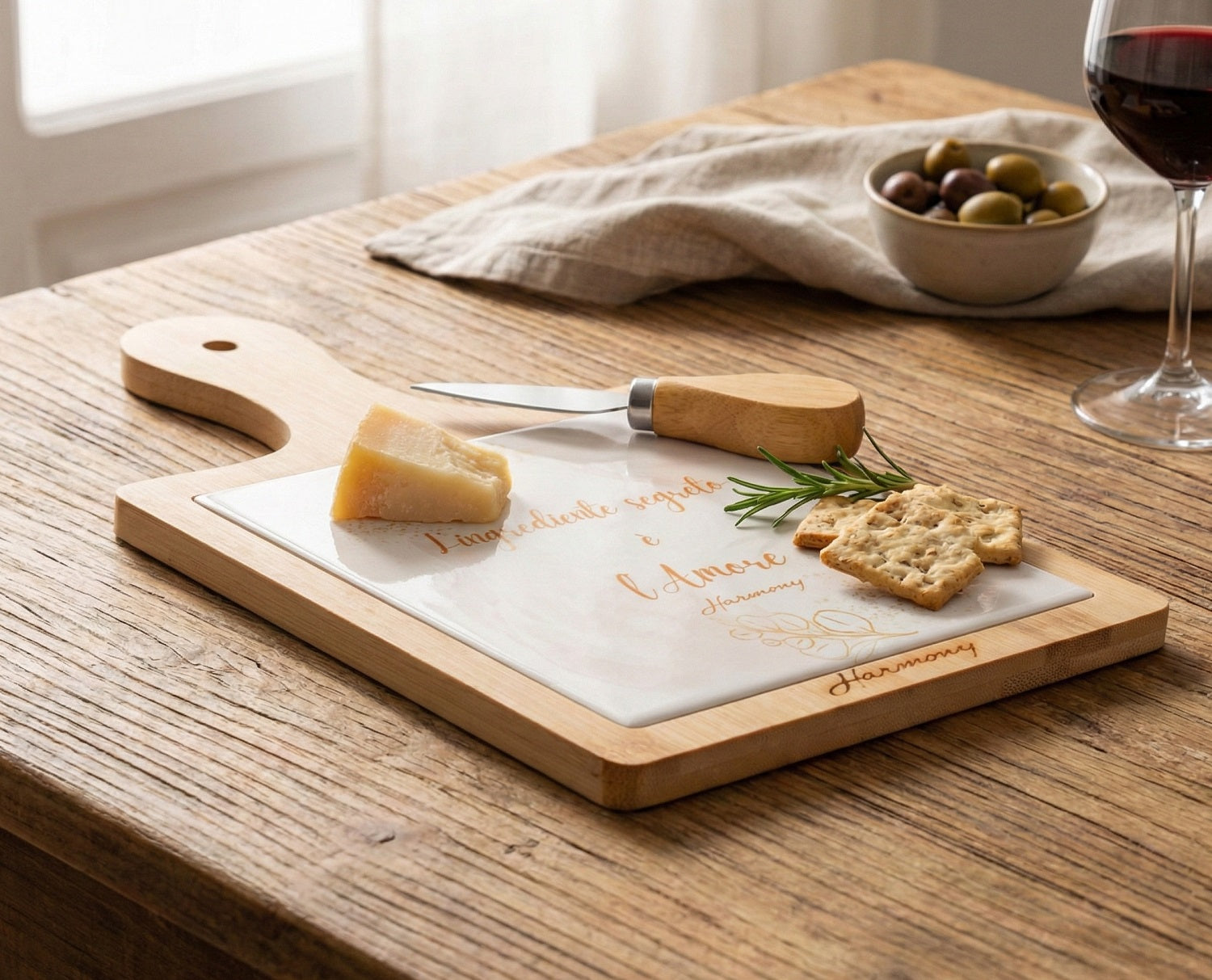Tagliere in legno e porcellana con decoro floreale e coltellino bomboniera per matrimonio, ricorrenze, regalo, Harmony PRMT24225
