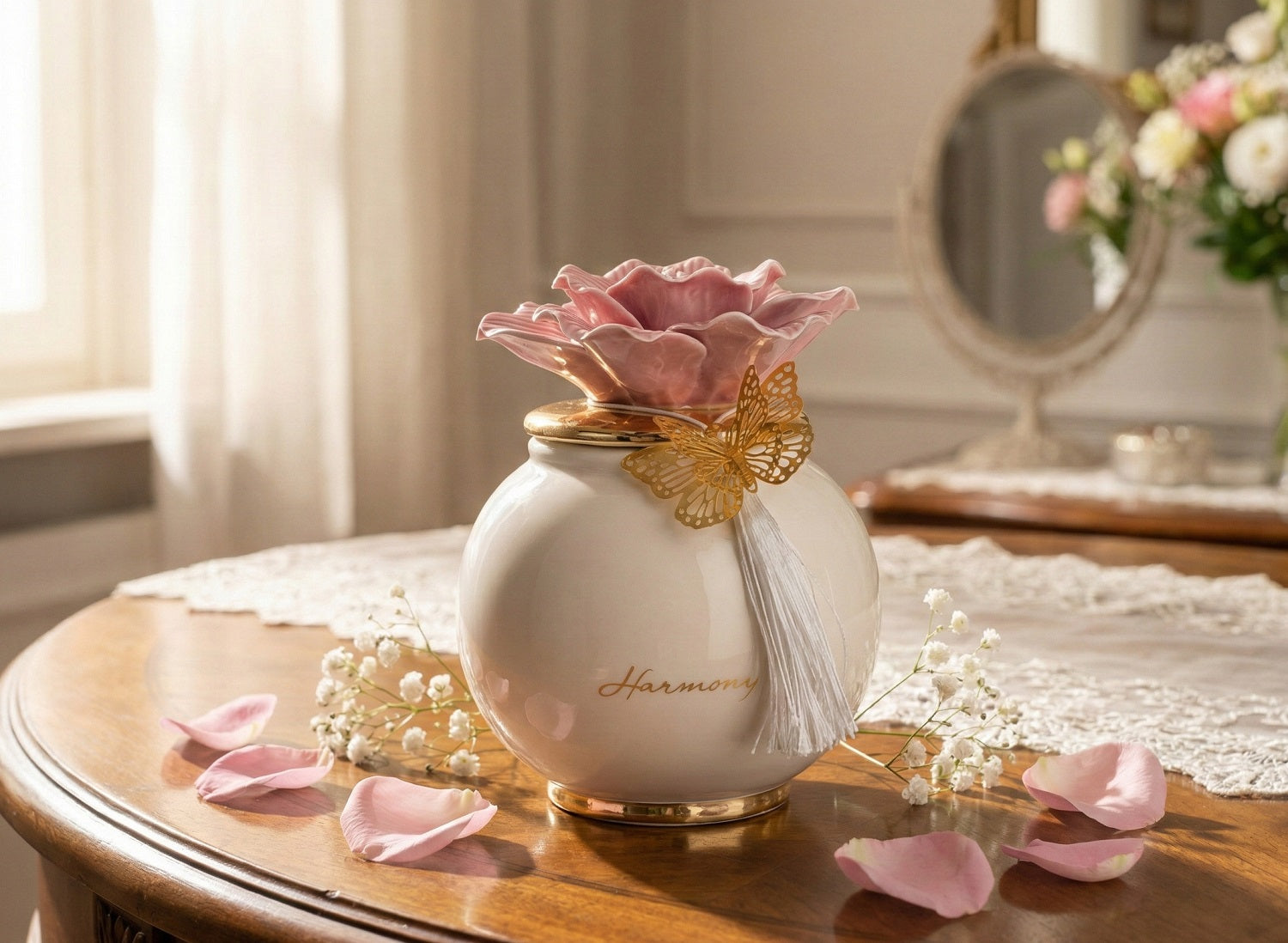 Scatola grande tonda con fiore e candela profumata decorata con farfalla bomboniera per comunione, cresima, matrimonio Harmony PRMT25066
