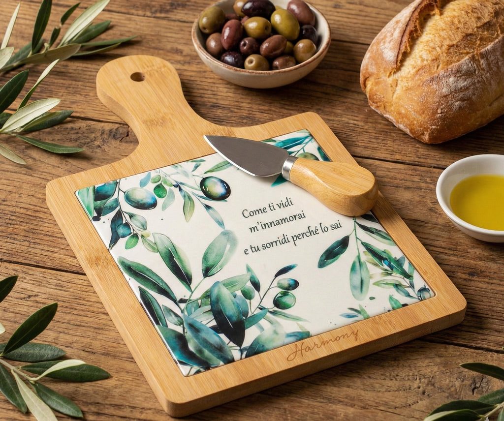 Tagliere in porcellana e legno con coltellino bomboniera per matrimonio Harmony PRMT25075